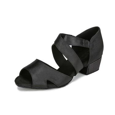 Imagem de YYTing Tênis de dança de salão feminino Swing Latin (sola de camurça, fecho elástico) Salto de 3,8 cm YT27, Preto, 36