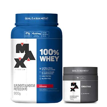 Imagem de 100% whey protein 900g Morango max titanium + Creatina 150g Max Titanium