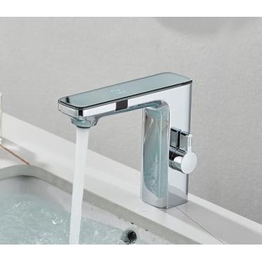 Imagem de Torneira de pia de banheiro com sensor touchless, torneira inteligente de latão com display digital, cinza, misturador de água fria, torneira cromada