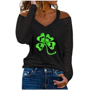 Imagem de Nagub Camiseta feminina St Patricks Day, manga comprida, gola V, trevo irlandês, ombros de fora, camisetas listradas de algodão, Shamrock Lucky, 3G