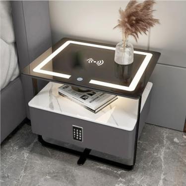 Imagem de Mesa de cabeceira, mesa de cabeceira inteligente com estação de carregamento sem fio, mesa de cabeceira com luzes LED de 3 cores, senha digital, faixa USB, mesa lateral moderna de madeira para quarto,