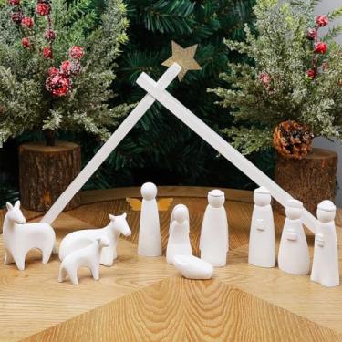 Imagem de Juegoal Conjuntos de presépio de Natal, conjunto de 11 mini estatuetas brancas de resina, enfeites de mesa de Natal da Sagrada Família, presentes religiosos, decoração de prateleira de manto de