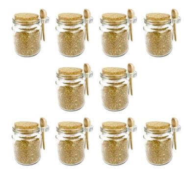 Imagem de Kit 10 Potes de Vidro Transparente com Tampa de Rolha e Colher de Bamb