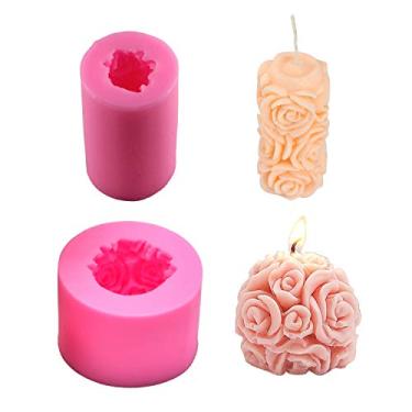 Imagem de Fewo 2 pacotes de moldes de vela rosa 3D em forma de cilindro e esfera, moldes de silicone rosa para fazer velas de cera de abelha caseiras para fazer mini sabonete e loção de cera de cera de abelha