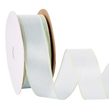 Imagem de Craftdady Rolo de fita de cetim 2,5 cm fita aqua com borda amarela 20 metros fita de tecido de poliéster dupla face para embrulho de presente convite de casamento laço de cabelo para fazer buquê de