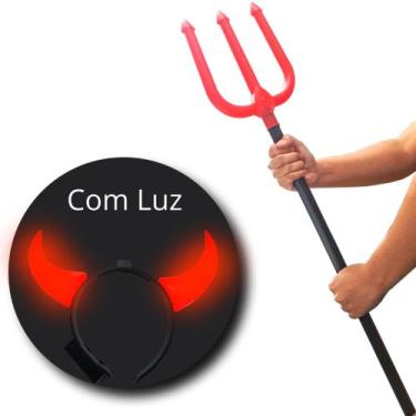 Imagem de Tiara Chifre Com Luz Tridente Diabinho Fantasia Halloween Festa Carnav