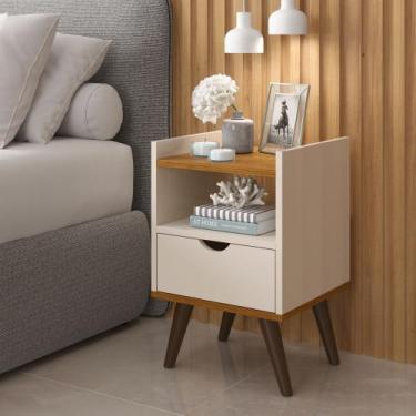 Imagem de Mesa de Cabeceira 1 Gaveta Nicho Pés Retrô Alice Cor Off White/Canela 