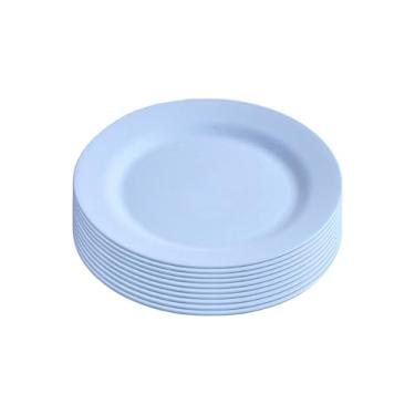 Imagem de Conjunto de 10 pratos de jantar de palha de trigo, pratos de sobremesa de plástico reutilizável de 25 cm, prato de servir plano redondo inquebrável para aperitivo de salada massa de pizza, pode ser lavado na lava-louças (azul)