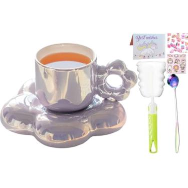 Imagem de seelucky Caneca de café de cerâmica pérola com conjunto de porta-copos de girassol para chá com leite latte xícara fofa com pires para presente feminino de escritório em casa 185 g (flor roxa, 250 ml)