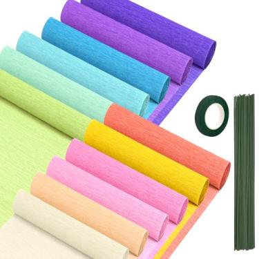 Imagem de fuceury Rolos de Papel Crepom de 12 Cores, Folhas de Papel Crepom de 10x98" de Largura com Arame de Haste Floral e Fitas Florais Verdes para Artesanato de Papel de Embrulho de Pres (, Multicolor-03)