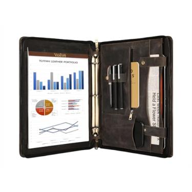 Imagem de Fichário de portfólio com 3 anéis, pasta de couro para canhotos, fichário com zíper para mulheres, organizador de portfólio de couro para homens (cinza, não personalizado)