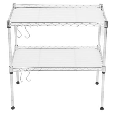 Imagem de Rack de forno de micro-ondas, suporte de micro-ondas de camada dupla de aço carbono, prateleiras ajustáveis de balcão de cozinha com 4 ganchos, bancada de suporte de micro-ondas