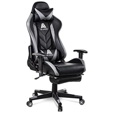 Imagem de Cadeira para jogos AA Products com encosto alto, cadeira ergonômica para corrida de computador, cadeira ajustável para escritório com apoio para os pés, suporte lombar - cinza