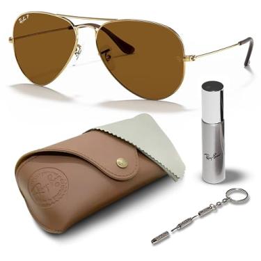 Imagem de Ray-Ban Óculos de sol RB3025 AVIATOR CLASSIC em forma de piloto para homens e mulheres com kit oficial RAYBAN Eyewear, Armação dourada polida Arista | Lente marrom polarizada, 58 mm