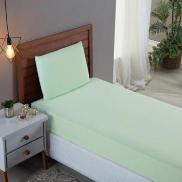Imagem de Jogo Cama Box Solteiro Algodão Percal 300 Fios Hotel Pousada 2 Peças Lençol com Elástico Toque Macio (Verde)