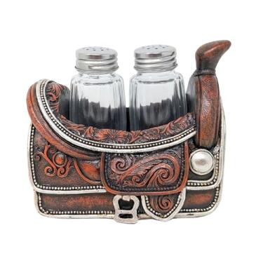 Imagem de BestGiftEver Conjunto de suporte de saleiro e pimenteiro inspirado em sela de couro trabalhado para decoração de cozinha ocidental, decoração de chalé, presentes para amantes de cavalos e acessórios