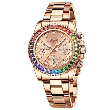 Imagem de Relógios femininos coloridos de diamante, cronógrafo, com bisel giratório, vidro mineral, luminoso, aço inoxidável, à prova d'água, data, analógico, quartzo, relógio de pulso moderno para negócios