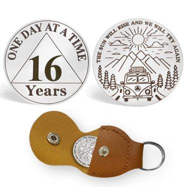 Imagem de CHURYUML Moeda de sobriedade de 16 anos One Day at A Time Sobriety Chip AA Recovery Medalhões Sober Affirmation Token Sobriety Gifts for Men Women Alcoholics Anonymous Gift with PU Leather Keychain
