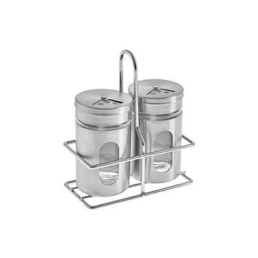Imagem de Kit Saleiro Pimenteiro com Suporte Porta Temperos Inox Vidro - HAUSKRA