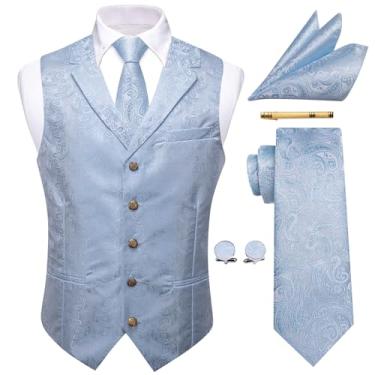 Imagem de YourTies Conjunto de gravata masculina vitoriana de seda Paisley colete formal colete gótico steampunk com lapelas entalhadas, Azul claro, XGG