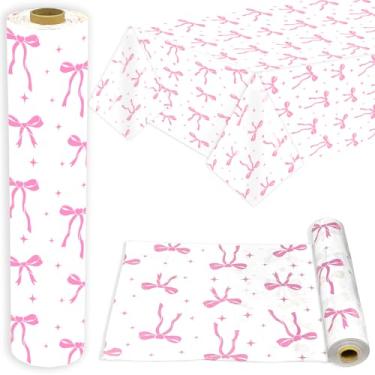 Imagem de kedaijin Coquette Toalha de mesa de plástico descartável com laço rosa 132 x 3 m, capas de mesa de plástico à prova d'água, decorações de aniversário para mulheres, meninas, chá de bebê, despedida de