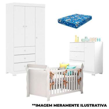 Imagem de Quarto de Bebê Duda 3 Portas e Berço Americano Lara Branco Brilho com 