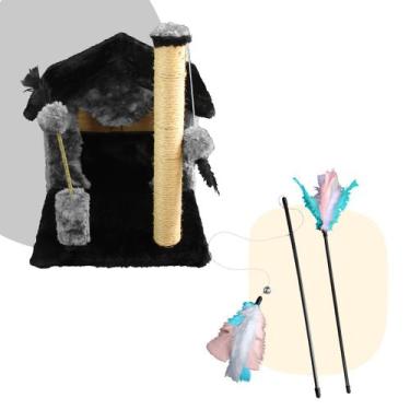 Imagem de Kit Arranhador Sisal Casa sem Rede para Gato e Brinquedo 2 Varinhas co