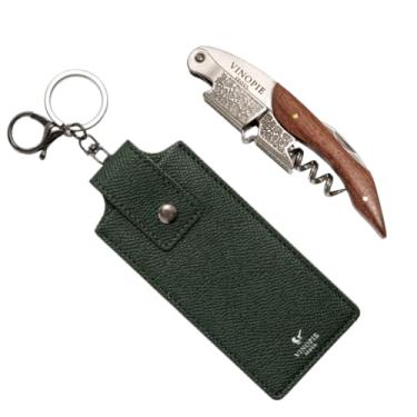 Imagem de Saca-rolhas de aço inoxidável com design de haste de uva com estojo de chaveiro de couro verde e cortador de folha - Faca sommelier para chave de vinho