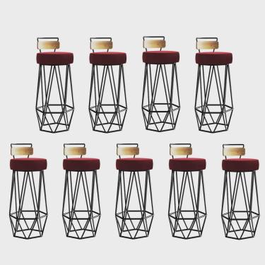Imagem de Kit 09 Banqueta Com Encosto Botti Hexágono Cozinha Peroba Rosa Ferro Preto Corino Vermelho - Ahz Móveis