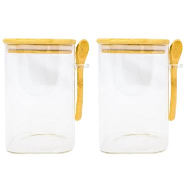 Imagem de Potes Herméticos De Vidro Com Tampa Bambu 1L Com Colher - 2 Unidades