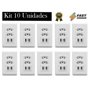 Imagem de Kit Tomada De Parede Dupla 10A Com Espelho Branco 4x2 Com 2 Portas Usb 3A - Conjunto 10 Unidades