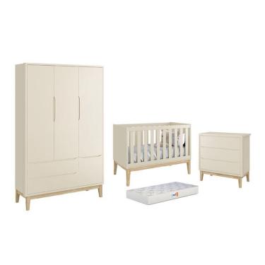 Imagem de Dormitório Classic 3 Portas, Cômoda 3 Gavetas com Pés Madeira Natural e Colchão D18 - Reller Móveis Areia Fosco