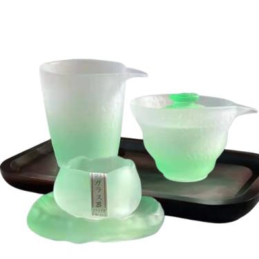 Imagem de Boxonly Conjunto de chá de vidro fosco verde gradiente – inclui Gaiwan, copo de gongo, copo de neve e tapete de xícara – 4 peças de utensílios de chá Gongfu resistentes ao calor para casa, escritório
