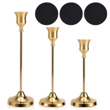Imagem de 3 peças de castiçal de latão vintage, castiçal de metal antigo com bases, almofadas antiderrapantes, mesa de casamento, centro de mesa, aniversário, decoração de festa de Natal