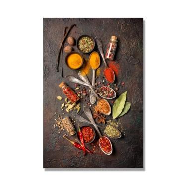 Imagem de Arte de parede colorida em tela para especiarias e colher de tempero | Decoração de cozinha vintage | Arte moderna para casa e sala de jantar (especiarias mistas 38). 40 x 60 cm - 15,8 x 23,7 pol. Sem