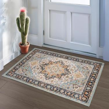 Imagem de Foxmas Tapetes pequenos para entrada de 5 x 7 metros, tapete antiderrapante, entrada interna, vintage, lavável, tapetes para entrada, quarto, cozinha, sala de estar, madeira e azul