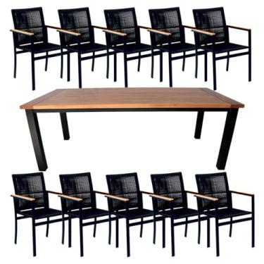 Imagem de Conjunto Mesa de Jantar 10 Lugares Turmalina Madeira 300x100cm 10 Cadeiras Amélia Corda Náutica Alumínio (Preto)