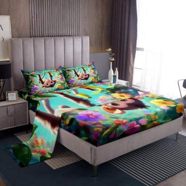 Imagem de Castle Fairy Jogo de lençol solteiro engraçado macaco tropical flores da selva tropical, crianças, adolescentes, adultos, frutas, banana, moderno, 3 peças (elástico + 1 fronha)