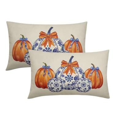 Imagem de Smozenith Capas de almofada azul laranja outono abóbora chinoiserie conjunto de 20 x 50 cm, estampa de outono de ação de graças decorativas, capas de almofada para uso ao ar livre, fazenda, sazonal