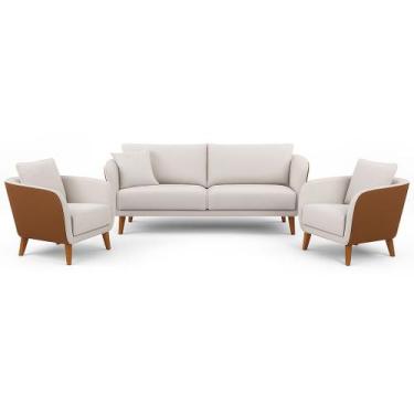 Imagem de Conjunto Sofá Living Hórus e Poltronas Tecido Composê Linho Cru e Marr