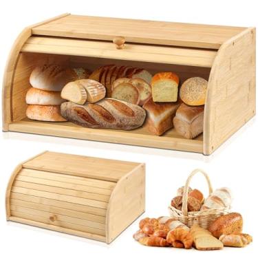 Imagem de Nauerz 40 * 28 * 17.5 cm Porta Pão Bolo de Bambu Pequeno Multiuso com Tampa Retrátil Basculante, Suporte Porta Pão Bolo Madeira Bambu, Porta Pão Bolo Biscoistos Organizador, Porta Pães Com Tampa