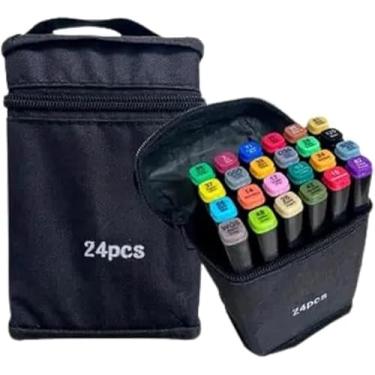 Imagem de Canetinhas Coloridas Ponta Dupla 24 Cores Caneta Marcadora - Marcador Profissional Com Estojo Escolar, Artesanato, Escrita, Desenho e Projetos Criativos, Tinta à Base de Água, Não Tóxica