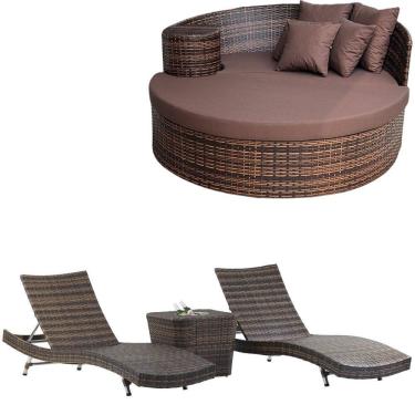 Imagem de  2 Espreguiçadeiras Bona e Mesa Grécia com Chaise Meia Lua em Alumínio Piscina, Área, Jardim Trama