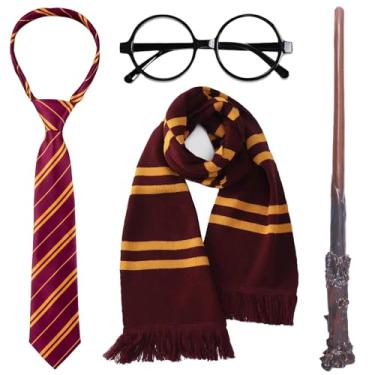 Imagem de Yaliuliu Wizard Costume Accessories Set with Lensless Glasses, Magic Wand,Tie and Knit Striped Scarf for Kids Adults Girls Boys Halloween Dress-up Party Cosplay