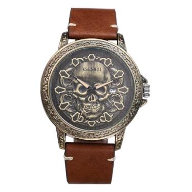 Imagem de JewelryWe Relógios de couro punk caveira: relógio de pulso masculino de couro gótico de quartzo analógico redondo legal para o Natal, café crânio bronze, relógio punk skull