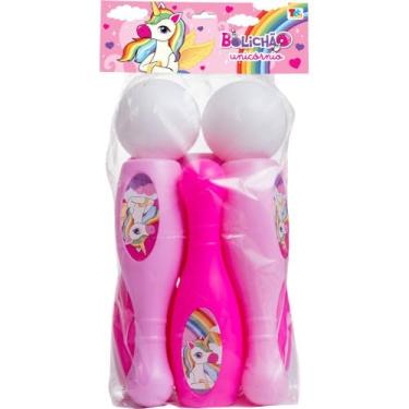 Imagem de Jogo de Boliche Infantil Unicórnio, 6 Pinos 28 cm e 2 Bolas 10 cm, Rosa, 8 Peças