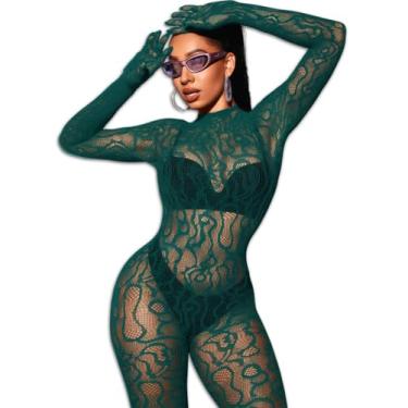 Imagem de EHSUYAB Body feminino sexy arrastão completo, macacão com pôster de renda de malha, roupa de festa rave, meias corporais, fantasia de Halloween, verde escuro