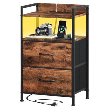 Imagem de Somdot Cômoda com 2 gavetas com estação de carregamento e luz LED para quarto, mesa de cabeceira alta com caixas de tecido removíveis para cabeceira, sala de estar, berçário, lavanderia, armário,