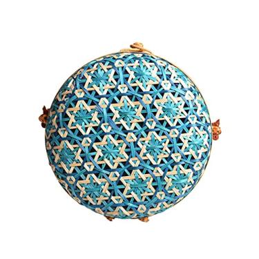 Imagem de SHAREYOIU Bolsas de ombro redondas de bambu tecidas à mão, estilo tropical de praia natural chique com alça de couro, Azul, Big，7.87x 3.2 inch
