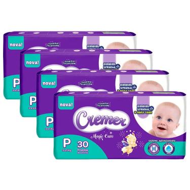 Imagem de Kit 4 Fralda Cremer Magic Care Tamanho P Pacote Jumbo 30 Unidades Descartáveis cada